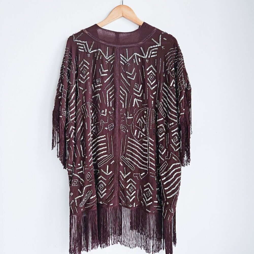 Willow  Clay Burgundy Beaded Fringe Detail Sheer Jacket S